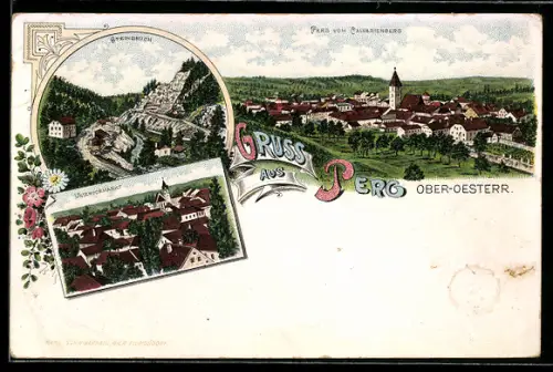 Lithographie Perg /Ober-Oesterr., Totalansicht vom Calvarienberg aus gesehen, Steinbruch
