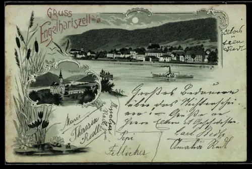 Lithographie Engelhartszell a. Donau, Ortsansicht, Kirche