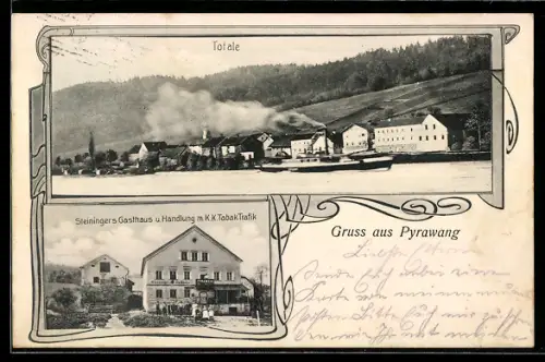 AK Pyrawang, Steiningers Gasthaus und Handlung mit K. K. Tabak Trafik, Totalansicht