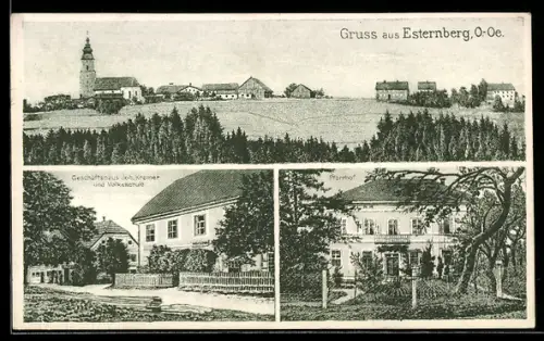 AK Esternberg, Geschäftshaus Joh. Kramer und Volksschule, Pfarrhof, Teilansicht