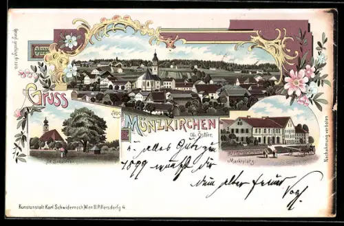 Lithographie Münzkirchen /Ob.-Öst., Totalansicht mit Kirche, St. Sebastian und Partie am Marktplatz