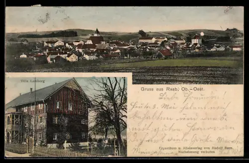 AK Raab /Ob.-Oest., Totalansicht mit Kirche und Villa Lamborg