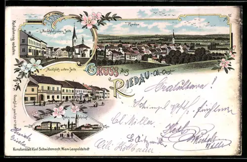 Lithographie Riedau /Ob.-Oest., Totalansicht mit Kirche, Partie am Marktplatz und Ortsansicht vom Bahnhof aus