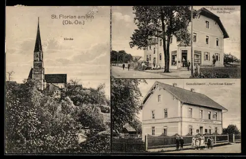 AK St. Florian am Inn., Kirche, Geschäft von Mandl. u. schmid, Gemeindeamt