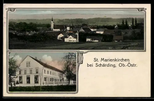 AK St. Marienkirchen bei Schärding, Geschäft, Teilansicht mit Kirche