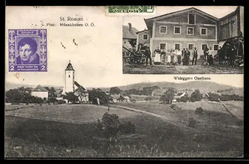 AK St. Roman /Münzkirchen, Totalansicht mit Kirche und Wildeggers Gasthaus