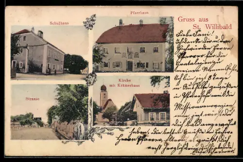 AK St. Willibald, Schulhaus, Pfarrhaus, Kirche mit Krämerhaus und Strassenpartie