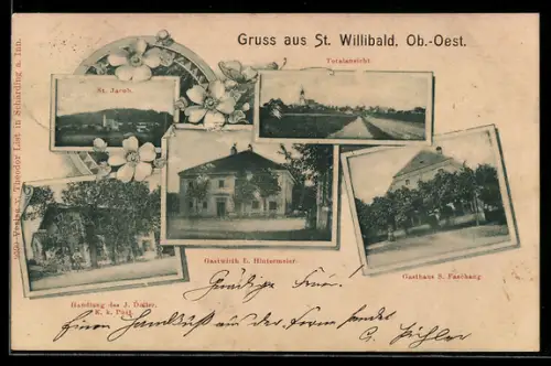 AK St. Willibald /Ob.-Oest., St. Jacob, Totalansicht mit Kirche, Gasthof L. Hintermeier und S. Faschang
