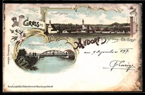 Lithographie Andorf b. Schärding, Die neue Prambrücke, Ortsansicht