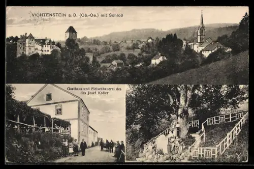 AK Vichtenstein a. D., Totalansicht mit Kirche und Schloss, Gasthaus von Josef Koller, Kriegerdenkmal