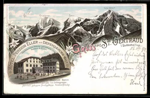 Lithographie St. Gertraud i. Suldenthal, Hotel-Pension Eller mit Dependancen