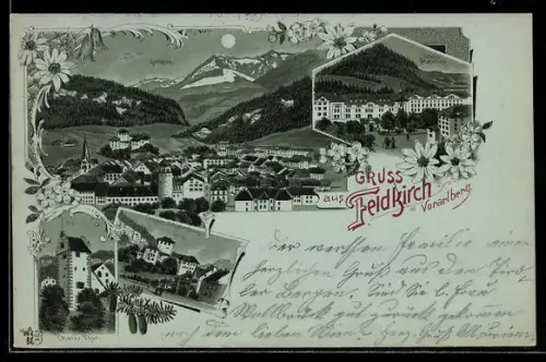 Lithographie Feldkirch /Vorarlberg, Totalansicht mit Umgebung, Stella Matutina, Churer Tor