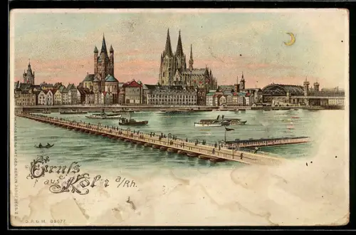 Lithographie Köln a. Rh., Rheinpartie mit Dampfern, Leuchtende Mondsichel und Fenster bei Halt gegen das Licht