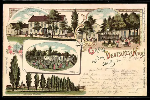 Lithographie Stiebitz, Gasthof zum Deutschen Haus mit Garten, Blick auf Bautzen