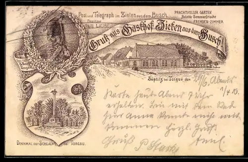 Lithographie Süptitz bei Torgau, Gasthof Zieten aus dem Busch, Denkmal der Schlacht bei Torgau