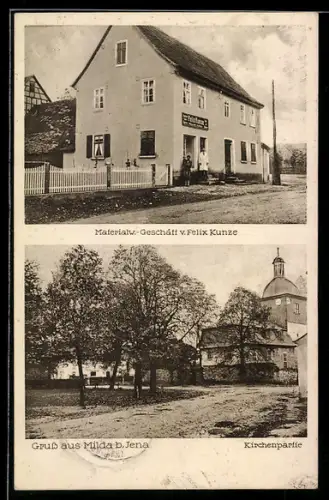AK Milda b. Jena, Materialwaren-Geschäft v. Felix Kunze, Kirchenpartie