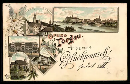 Lithographie Torgau, Schlosseingang, Rathaus, Marien Kirche, Gymnasium