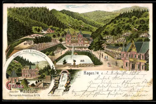 Lithographie Hagen i. W., Gasthaus Waldlust aus der Vogelschau