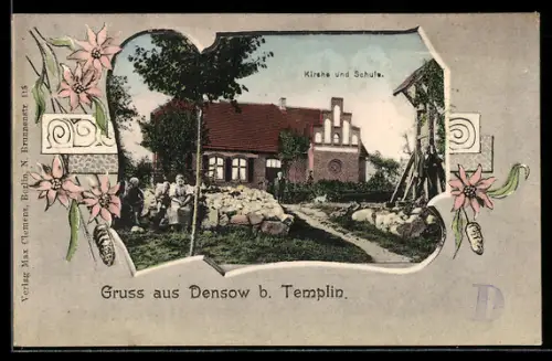 AK Densow b. Templin, Kirche u. Schule mit Kindern