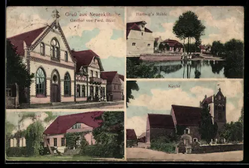 AK Neuenklitsche, Gasthof v. Ferd. Bleiss, Hartwig`s Mühle, Kirche