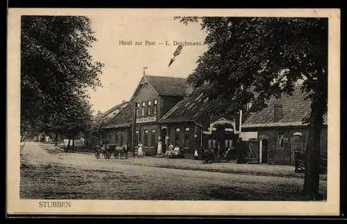 AK Stubben / Bremerhaven, Hotel zur Post L. Deichmann mit Strasse und Eingang zum Garten
