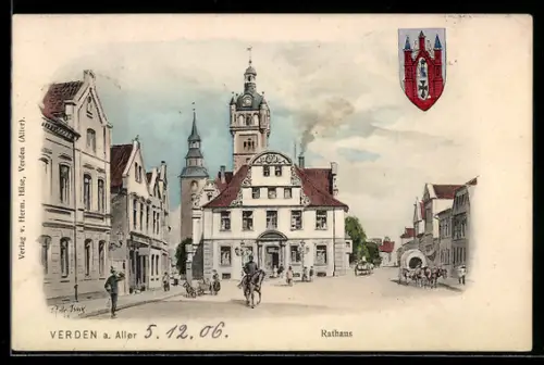 Künstler-AK Eugen Felle: Verden a. Aller, Strassenpartie vor dem Rathaus mit Wappen