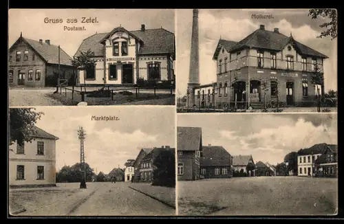 AK Zetel, Partie am Postamt, Molkerei und Marktplatz