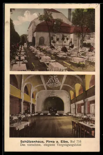 AK Pirna a. Elbe, Restaurant Schützenhaus, Innenansicht, Blick auf den Garten