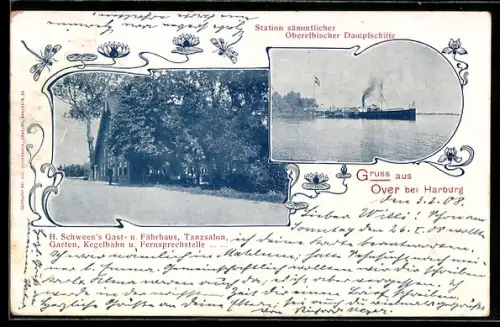 AK Over bei Harburg, H. Schween`s Gasthaus und Fährhaus, Oberelbischer Raddampfer an der Anlegestation