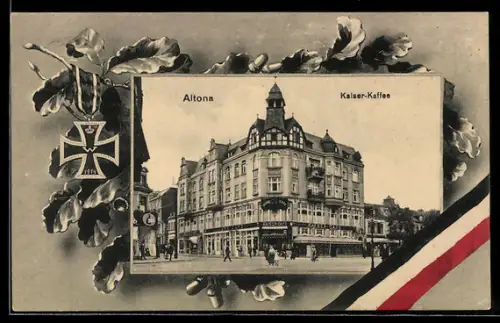 Grusskarten-AK Altona, Ansicht vom Kaiser-Kaffee, Passepartout mit Eichenbrüchen und Eisernem Kreuz II. Klasse 1914