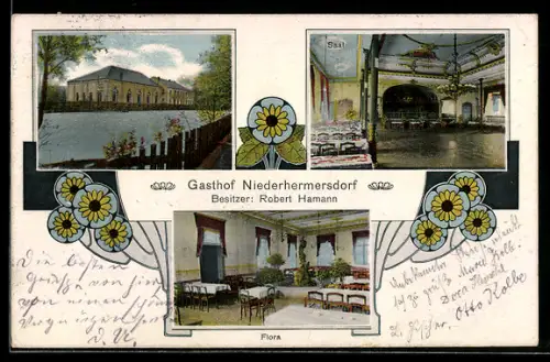 AK Niederhermersdorf, Gasthof R. Hamann, Ansicht vom Wasser aus, Saal, Flora, Stilisierte Blumen