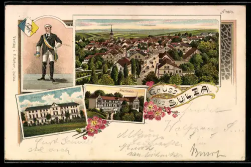 Lithographie Sulza, Student mit Studentenwappen, Bauschule, Kurhaus, Blick über die Dächer mit Kirche