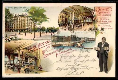 Lithographie Hamburg-St.Georg, Steintorwall 1, Hotel Berliner Hof, Buffet u. Restaurant, Alter Jungfernstieg