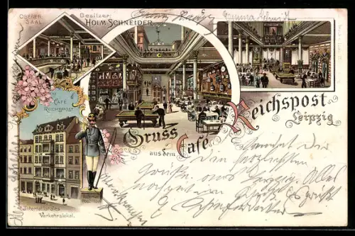 Lithographie Leipzig, Cafe Reichspost, Innen- und Aussenansichten