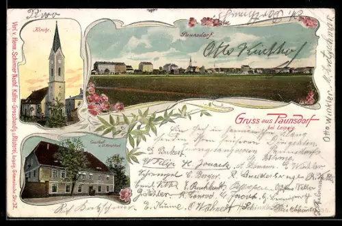 Lithographie Paunsdorf b. Leipzig, Kirche und Gasthof