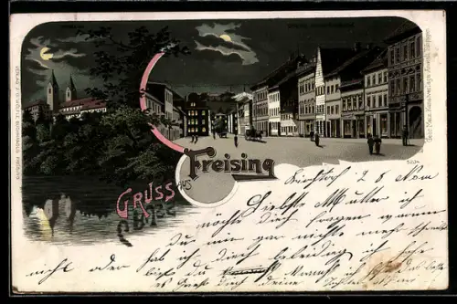 Lithographie Freising, Obere Hauptstrasse mit Passanten und Domberg