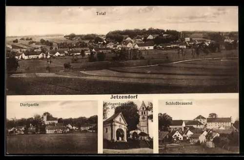 AK Jetzendorf, Schlossbrauerei, Kriegerdenkmal und Pfarrkirche, Dorfpartie, Totalansicht vom Ort