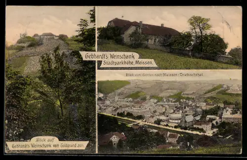 AK Meissen, Gasthaus, Gebhardt`s Weinschank auf der Stadtparkhöhe, Blick vom Garten nach Meissen-Triebischthal