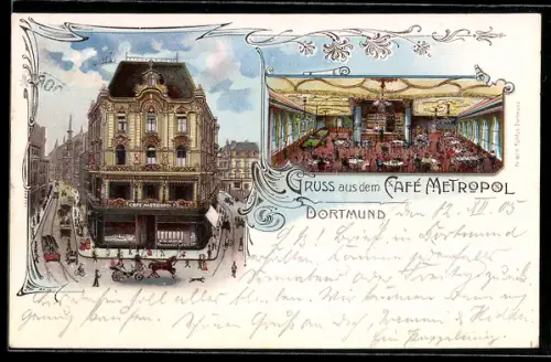 Lithographie Dortmund, Café Metropol mit Innenansicht