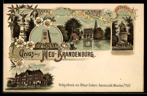 Lithographie Neubrandenburg, Gasthaus Augusta-Bad, Stargarder Thor, Reuter-Denkmal