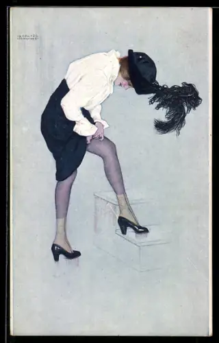 Künstler-AK Raphael Kirchner: Schöne Frau richtet ihre Strumpfhose