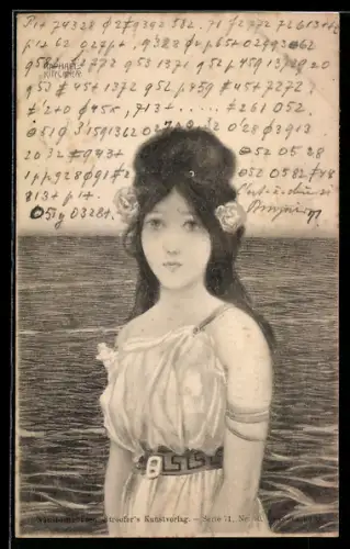 Künstler-AK Raphael Kirchner: Hübsche Frau mit Blumen im Haar vor dem Meer