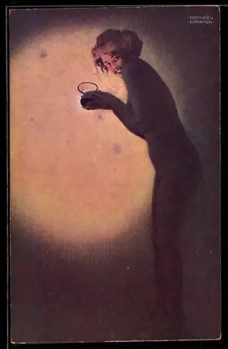 Künstler-AK Raphael Kirchner: Maud, cambrioleuse, nackte Frau mit Licht in der Hand