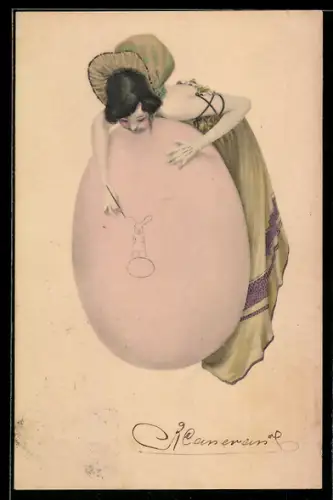 Künstler-AK Raphael Kirchner: Hübsche Frau zeichnet einen Osterhasen auf ein riesiges Osterei