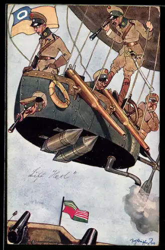 Künstler-AK Fritz Schönpflug: Soldaten unterwegs mit dem Zeppelin