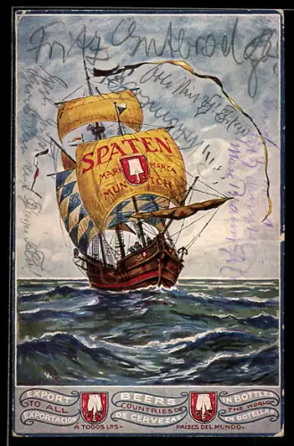 AK Spaten Brauerei-Werbung, Segelschiff