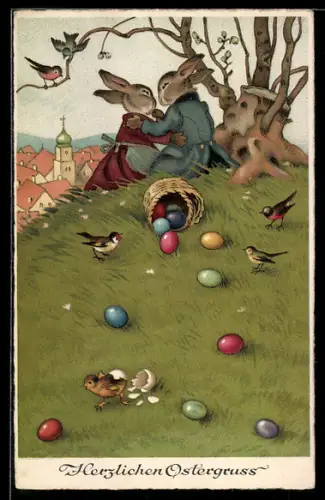 Künstler-AK F.Baumgarten: Unsigniert, Ostern, Osterhasenpaar beim Stelldichein