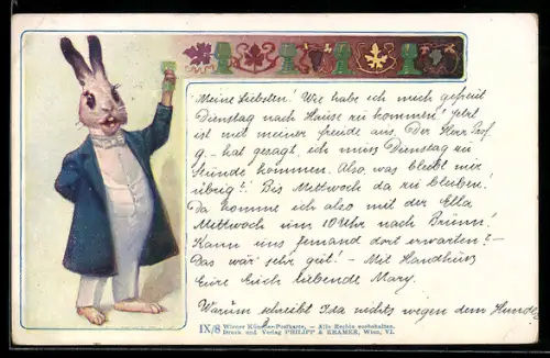 Künstler-AK Philipp + Kramer Nr. IX /8: Osterhase im feinen Anzug mit einem Glas in der Hand