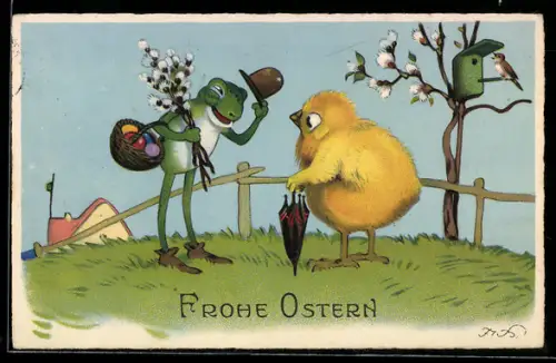 Künstler-AK F.Baumgarten: Frosch, Osterküken, Singvögel