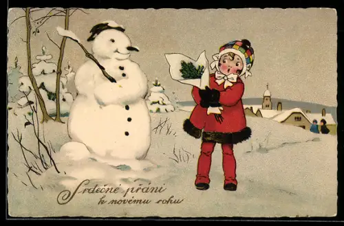 AK Ein frohes neues Jahr, Mädchen und Schneemann